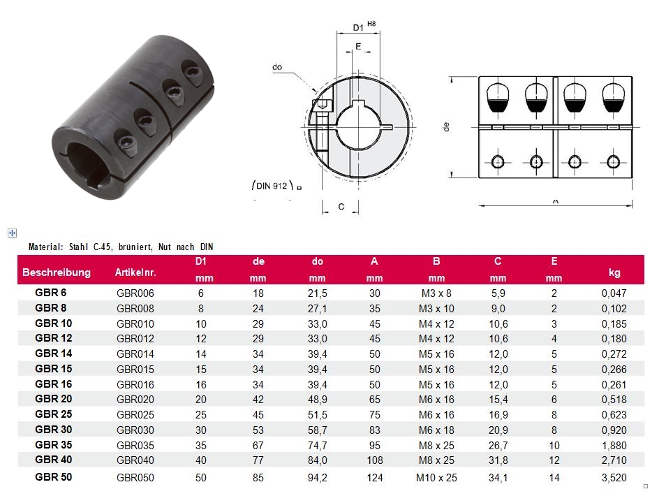 Schalenkupplung Split Con Chavetero-Acero C45 para 10mm Welle 